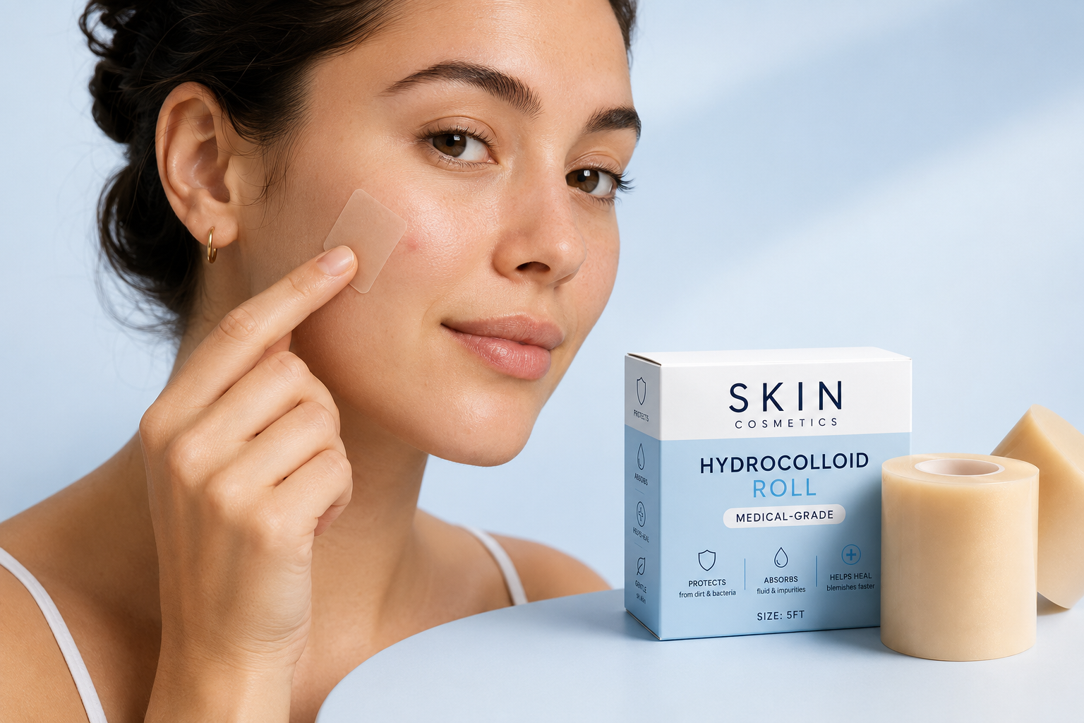 Woman applying a custom-cut Skin Cosmetics hydrocolloid patch